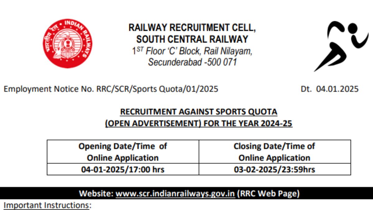 RRC SCR Sports Quota Recruitment 2025