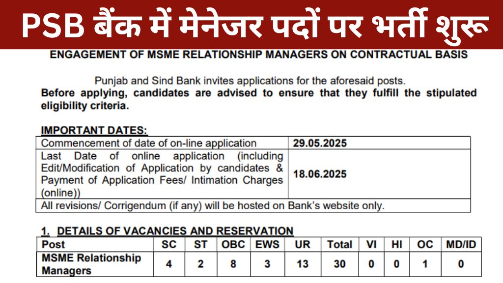 PSB Bank Relationship Manager Recruitment 2025