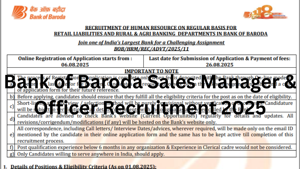 Bank of Baroda Sales Manager & Officer Recruitment 2025