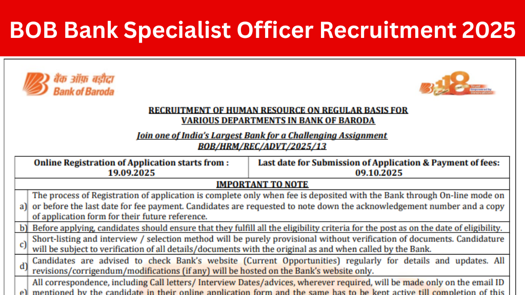 BOB Bank Specialist Officer Recruitment 2025